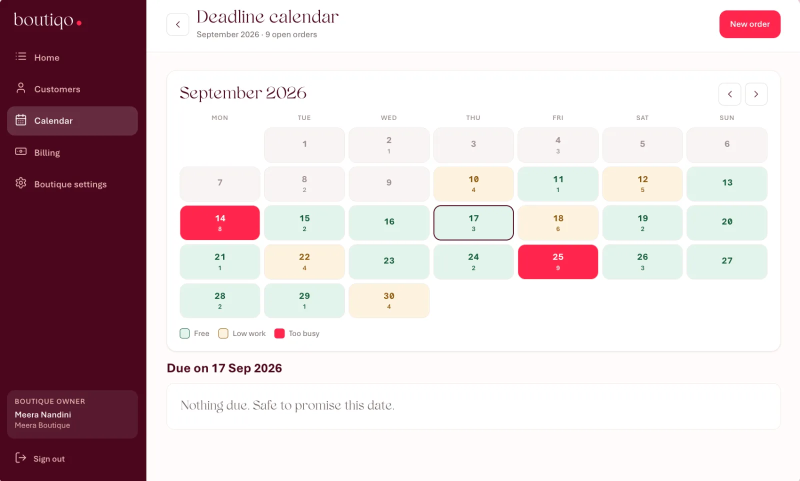 Calendar view to check orders