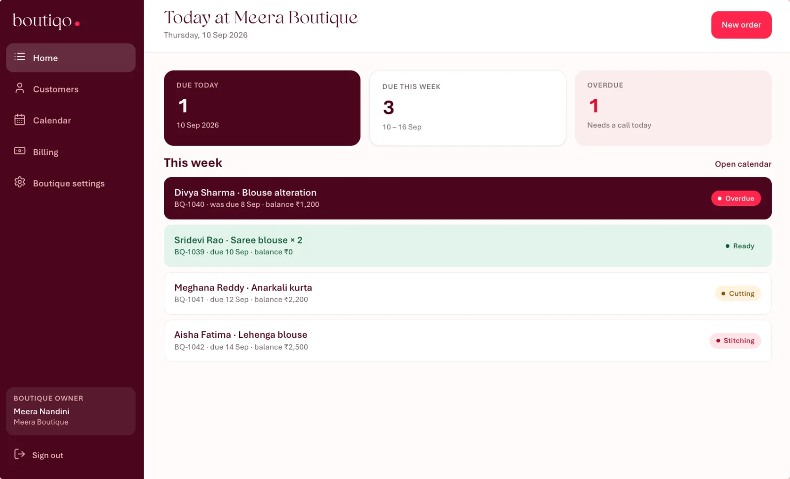 Dashboard for boutique onwer
